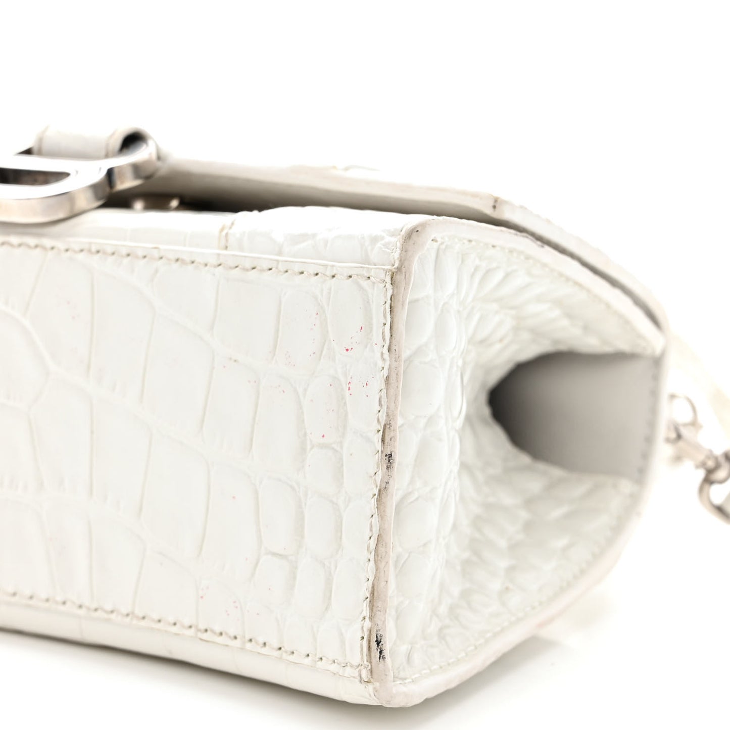 Shiny Calfskin Crocodile Embossed Hourglass Top Handle Bag XS White