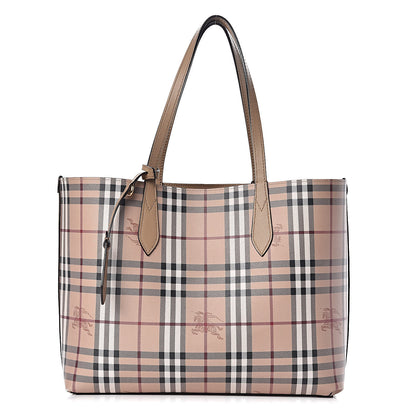 Burberry Grainy Calfskin Haymarket Check Medium Reversible Tote Camel 4 of 20