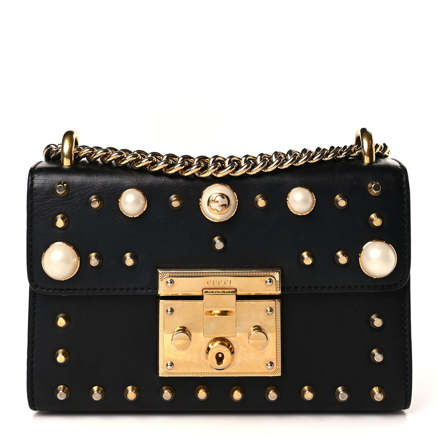 Calfskin Studded Small Padlock Shoulder Bag Black