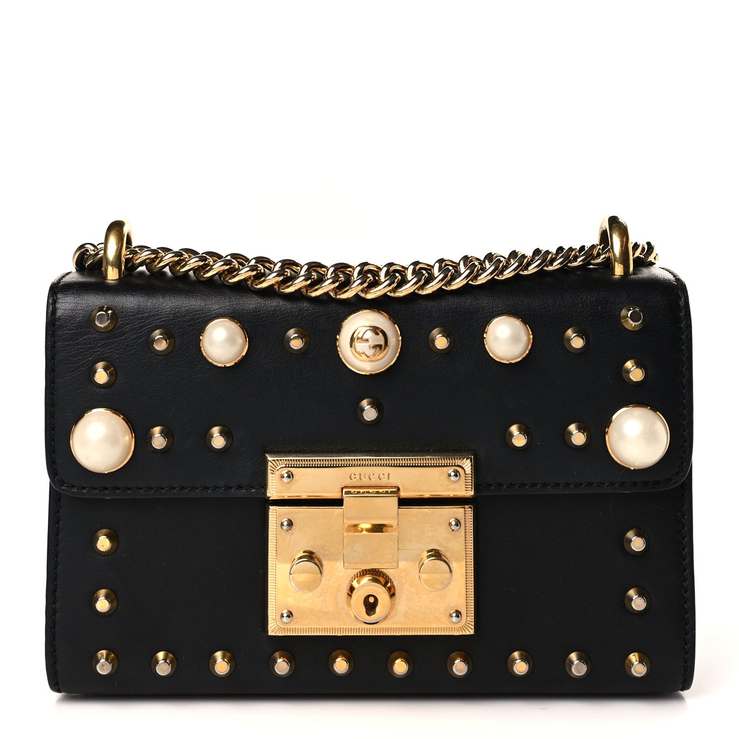 Gucci Calfskin Studded Small Padlock Shoulder Bag Black 1 of 9