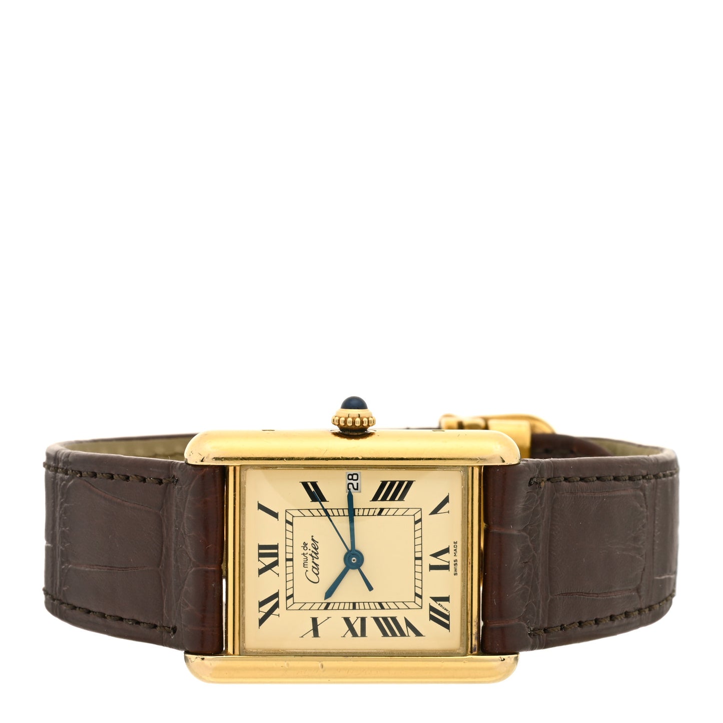 Sterling Silver Vermeil Alligator 24mm Must de Cartier Tank Quartz Watch Brown