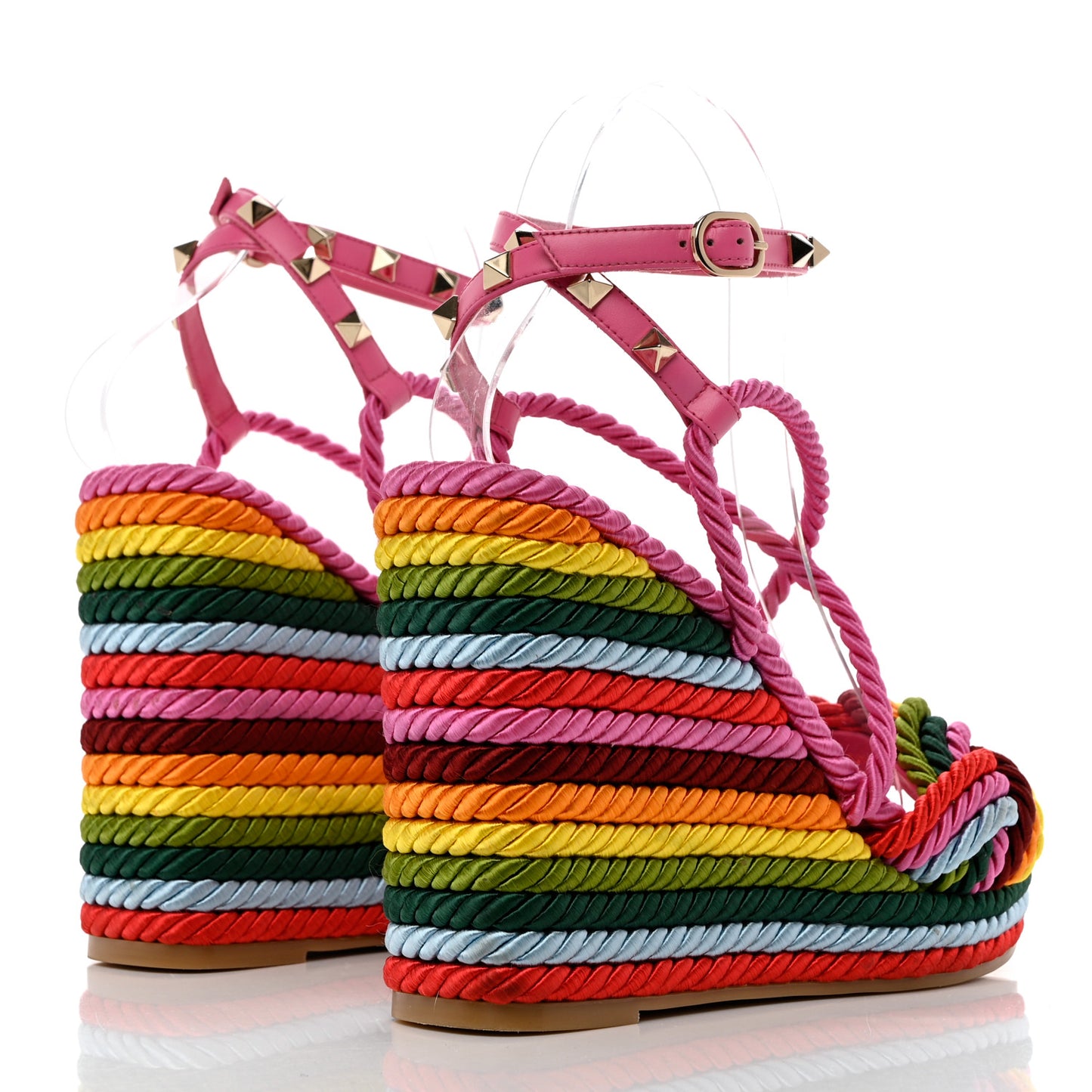 Calfskin Rockstud Ankle Strap Torchon Espadrille 25/115mm Wedge Sandals 37 Feminine Pink Multicolor