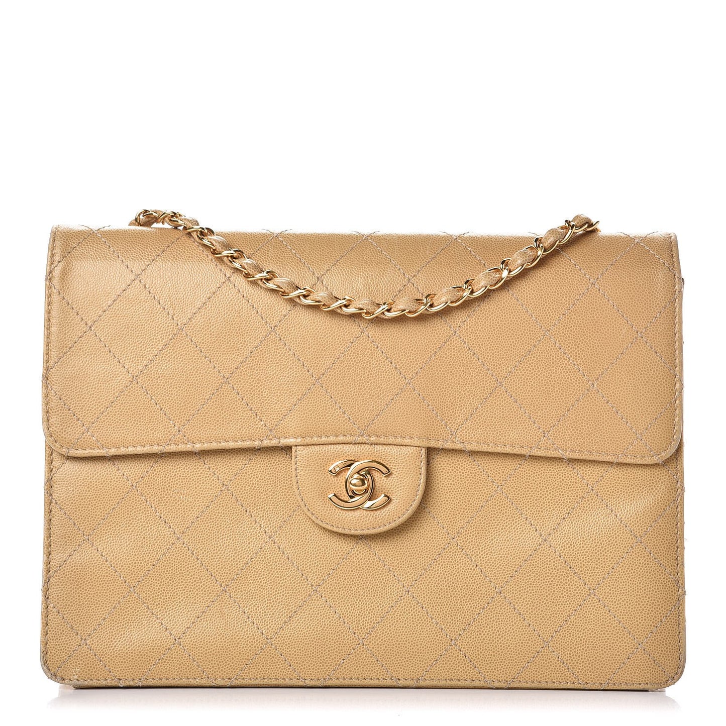 Caviar Stitched Jumbo Single Flap Beige