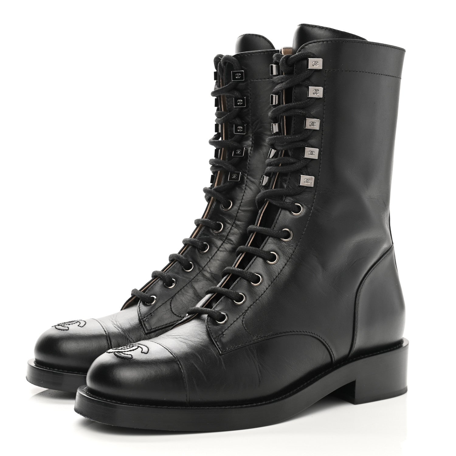 Chanel Crumpled Lambskin Shiny Calfskin Lace Up Combat Boots 37 Black 3 of 9
