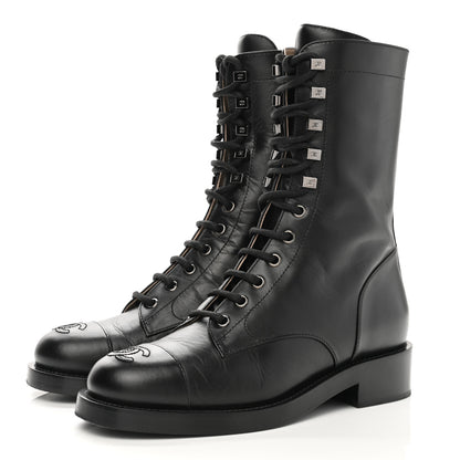 Chanel Crumpled Lambskin Shiny Calfskin Lace Up Combat Boots 37 Black 3 of 9