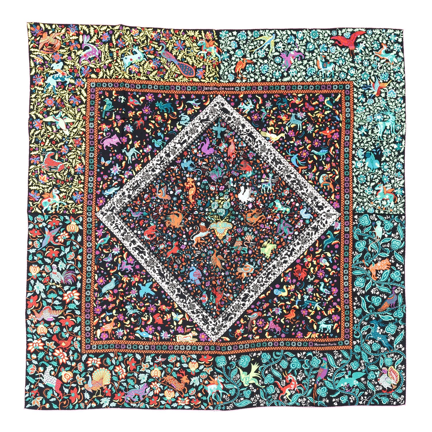 Hermes Cashmere Silk Jardins De Soie Shawl 140 Black Vert Multicolor 1 of 6