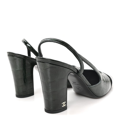 Chanel Patent Calfskin Crocodile Embossed Cap Toe CC Slingback 40 Dark Green Black 5 of 10