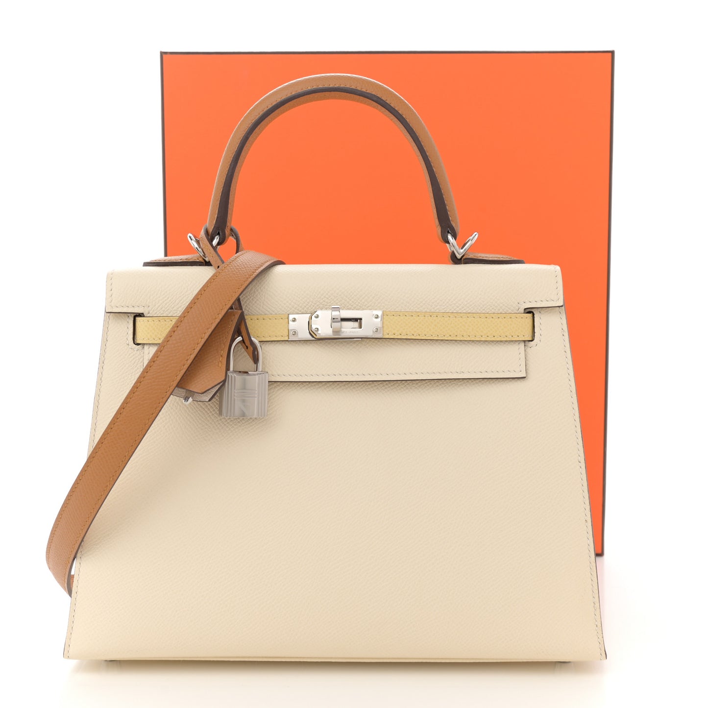 Epsom Tri-Color Kelly Sellier 25 Nata Jaune Poussin Sesame