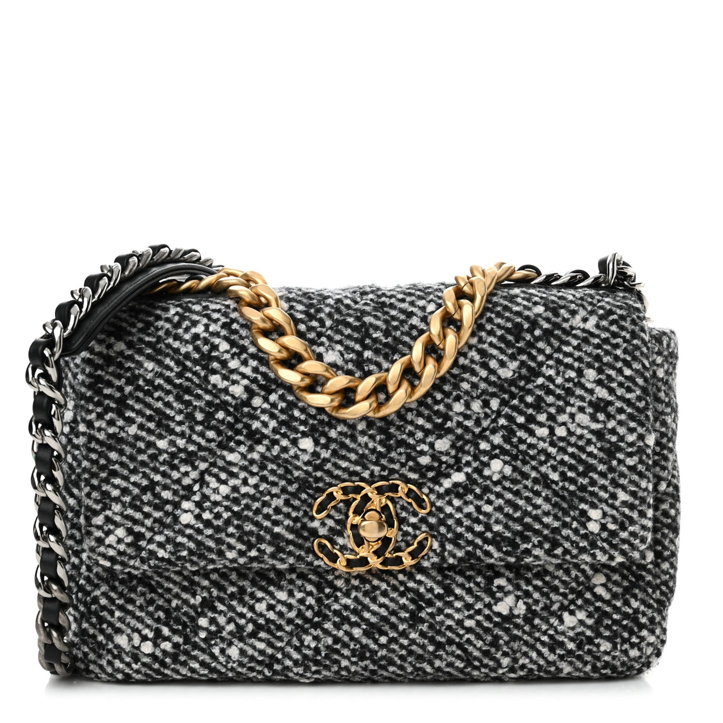 Tweed Quilted Medium Chanel 19 Flap Black White