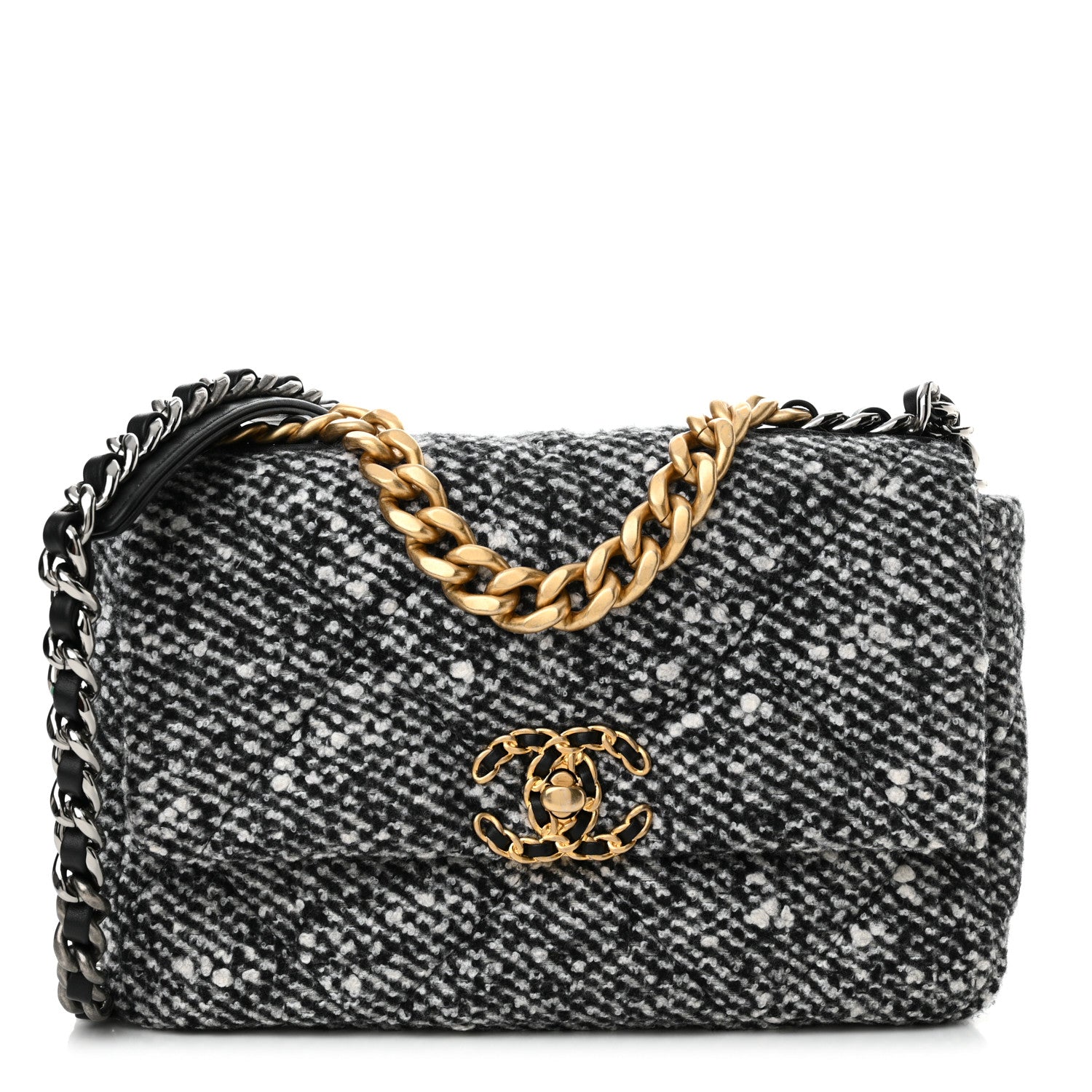 Chanel Tweed Quilted Medium Chanel 19 Flap Black White 1 of 13