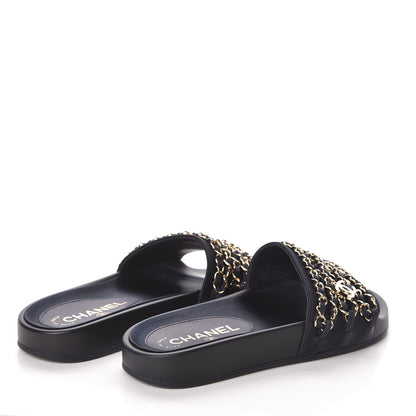 Chanel Satin Canvas Chain Slides Sandals Flats 35 Marine 4 of 8