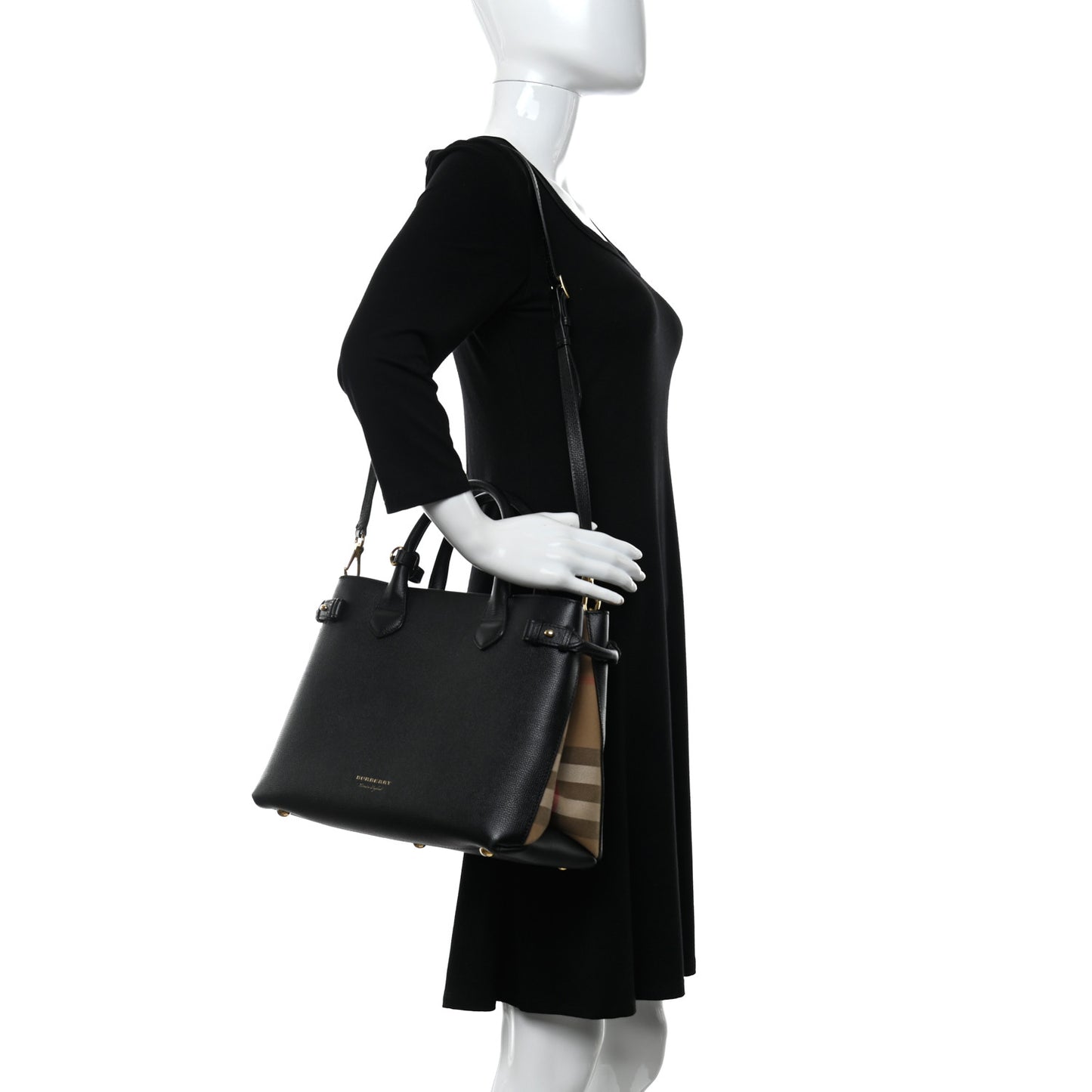 Grainy Calfskin House Check Medium Banner Tote Black