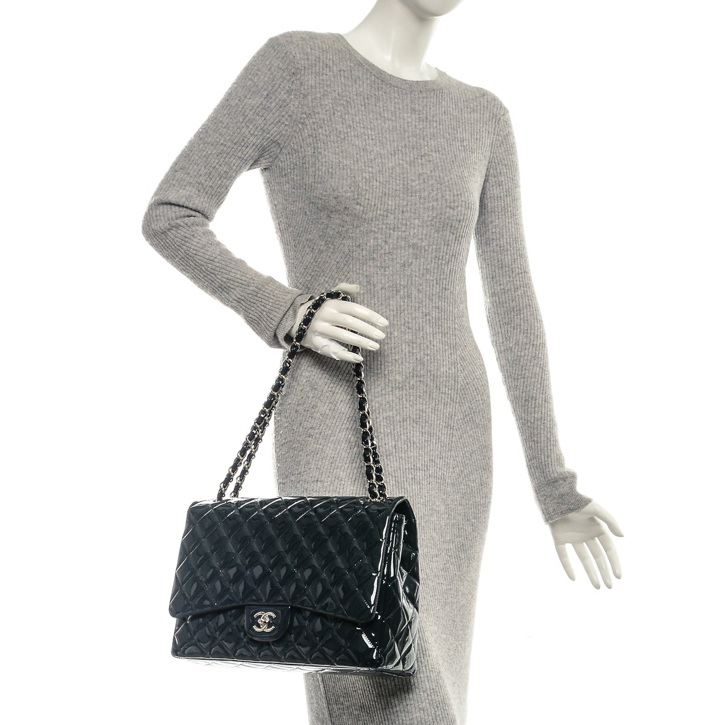 Patent Quilted Maxi Single Flap Navy Blue