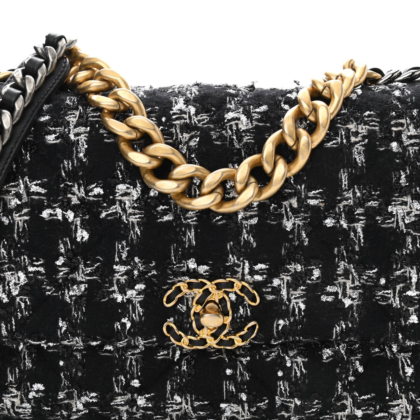 Tweed Quilted Large Chanel 19 Flap Black Ecru White