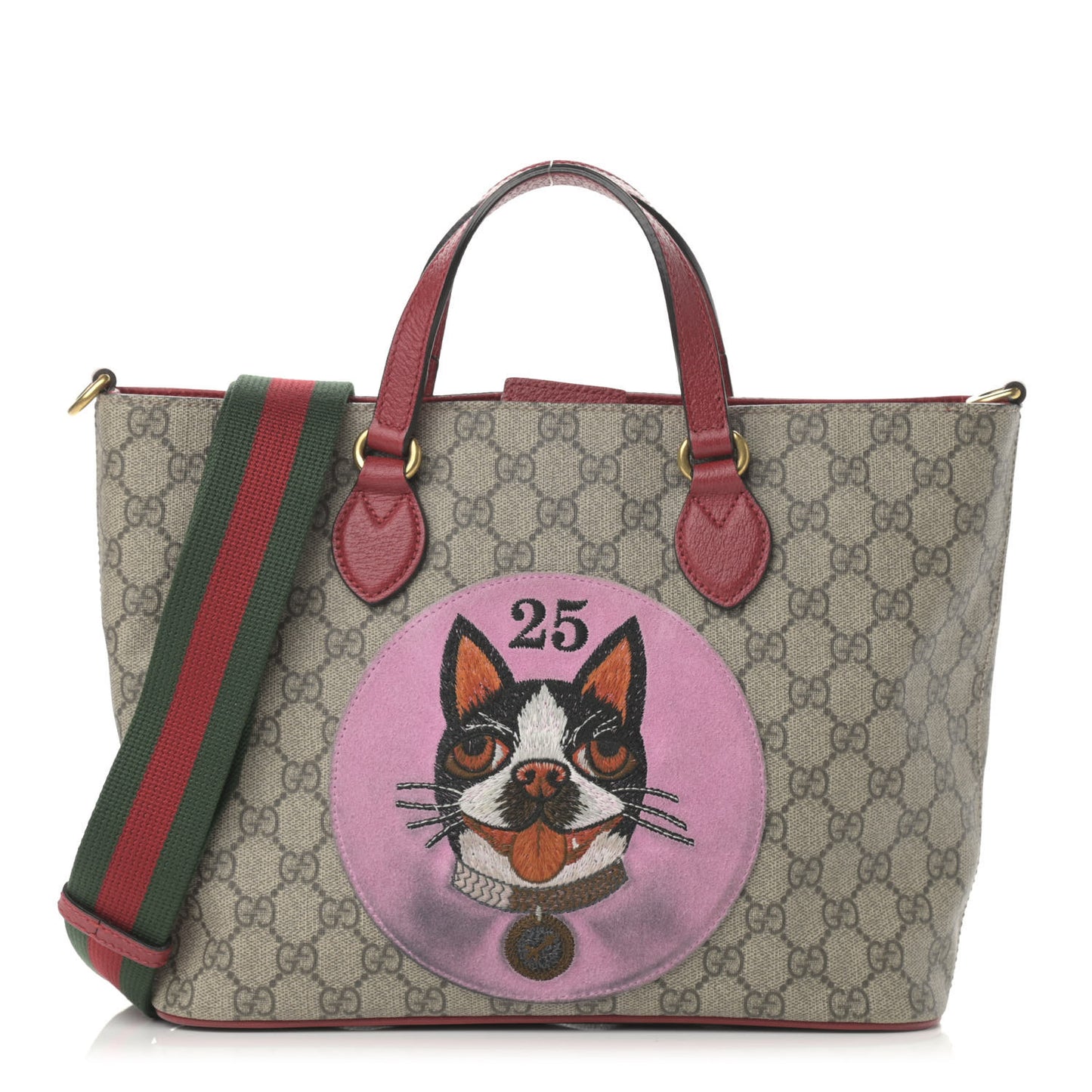 Soft GG Supreme Monogram Web Bosco Patch Small Crossbody Tote Beige Malva Hibiscus Red