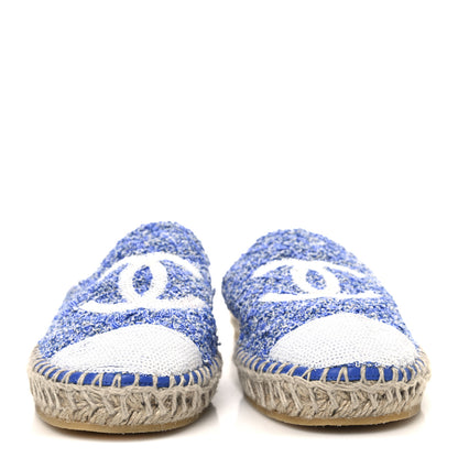 Chanel Tweed Sequin Cap Toe CC Espadrilles Mule 36 Blue White 3 of 10