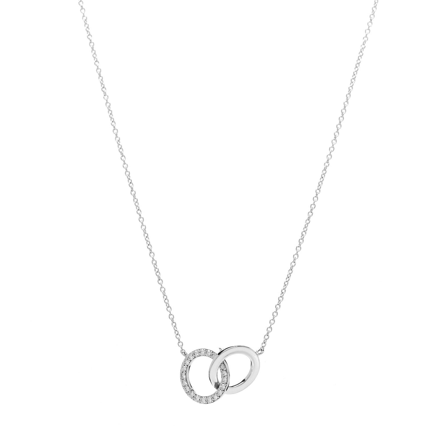 18K White Gold Diamond Double Interlocking Circles Pendant Necklace