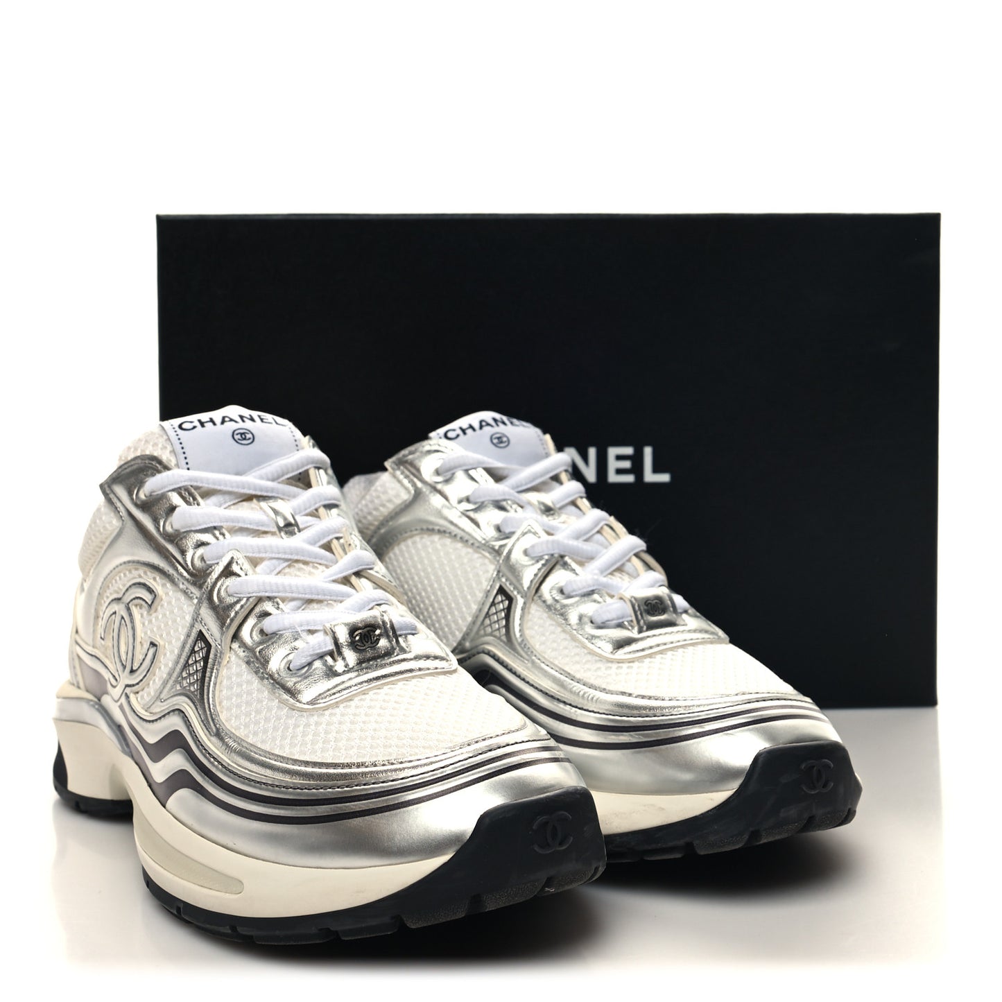 Fabric Laminated Calfskin Stretch CC Sneakers 38.5 White Silver