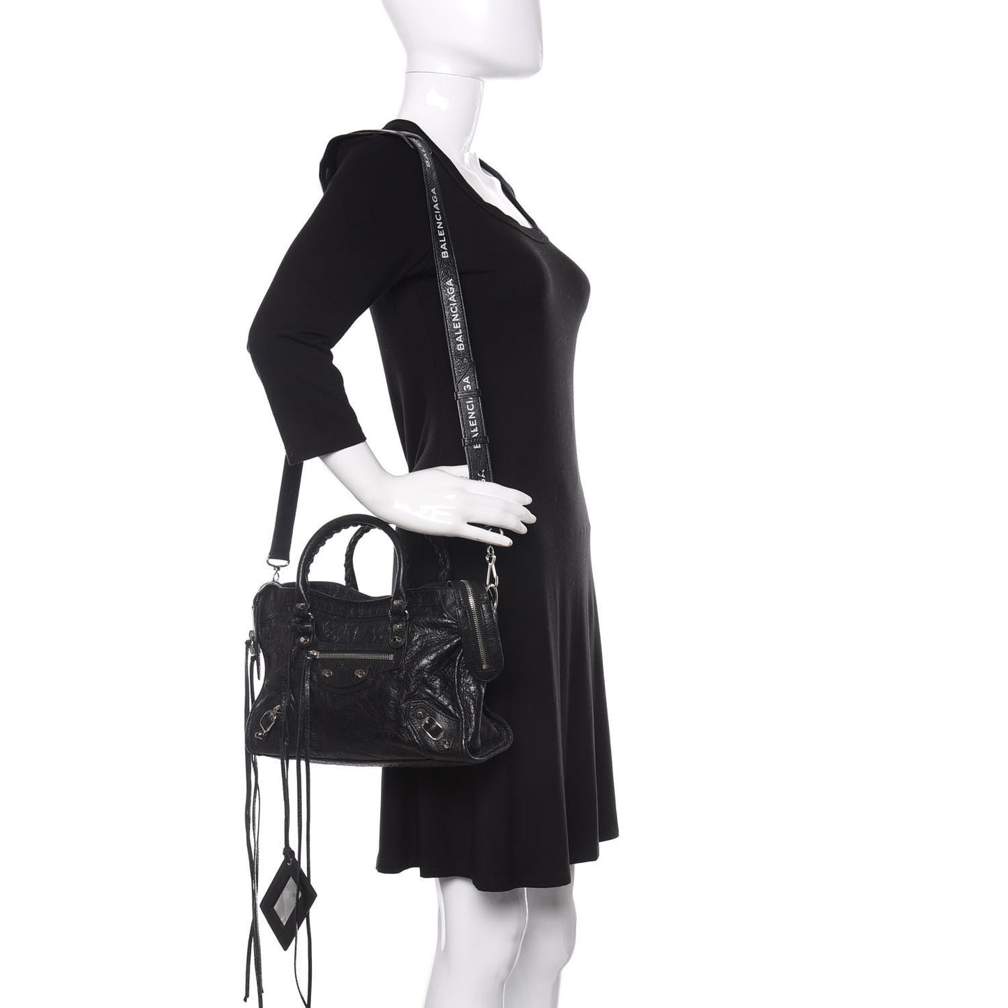Agneau Classic Silver Hardware S City Logo Strap Black White