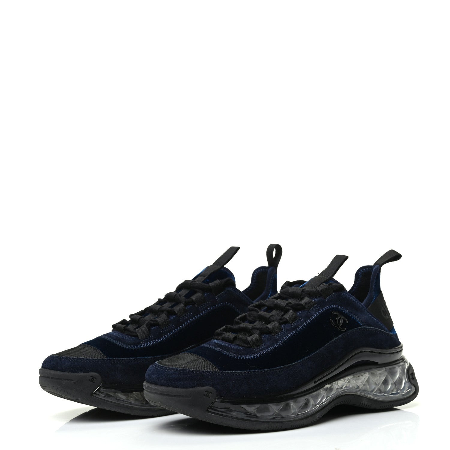 Chanel Suede Calfskin Velvet Grosgrain CC Sneakers 37 Navy Blue Black 3 of 9