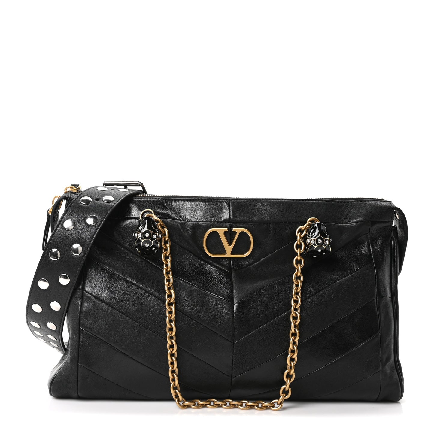 Shiny Nappa Crystal Chevron Patchwork Medium Panthea Bag Black