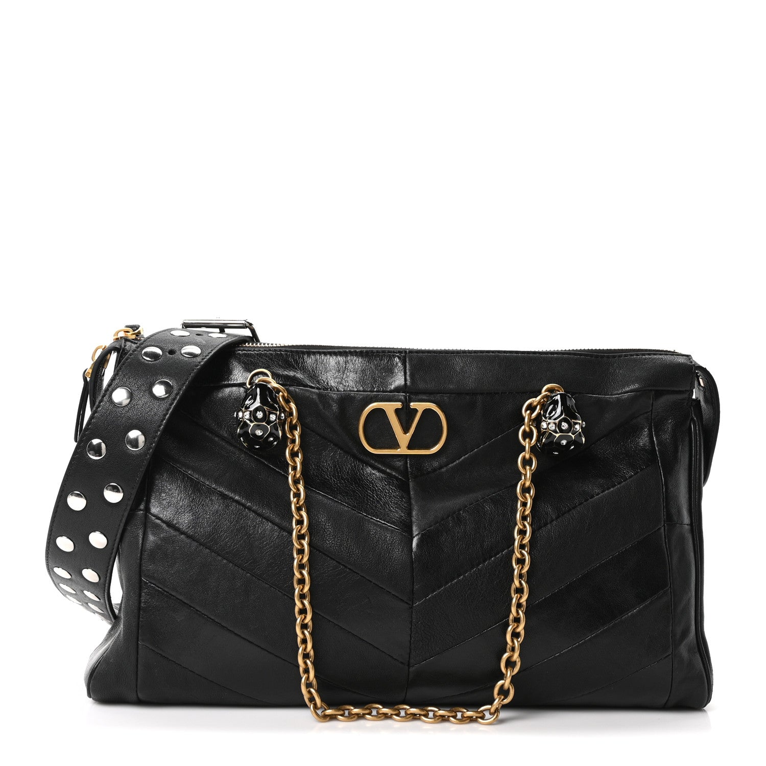 Valentino Garavani Shiny Nappa Crystal Chevron Patchwork Medium Panthea Bag Black 1 of 9