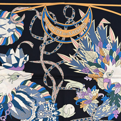 Hermes Silk Le Sacre Des Saisons Scarf 90 Bleu Noir Ciel Rose 5 of 5