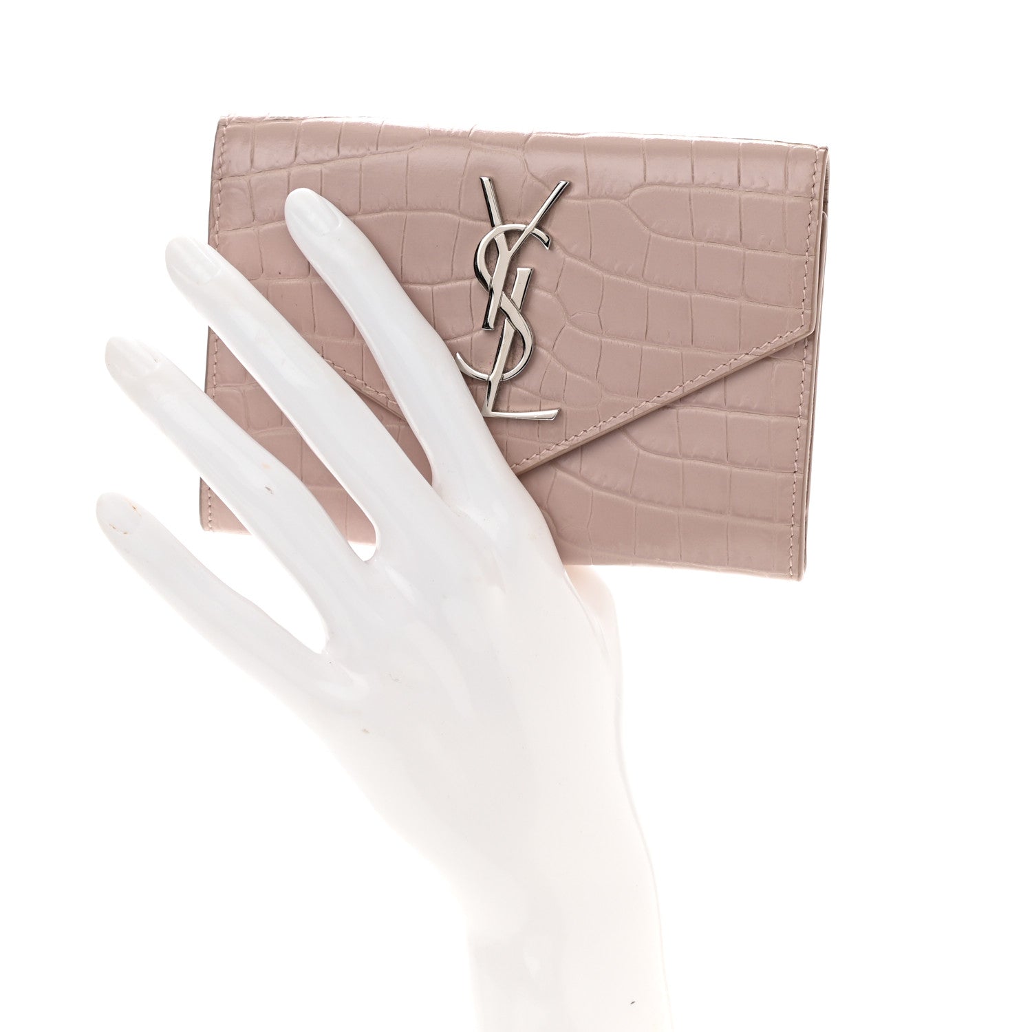 Saint Laurent Calfskin Crocodile Embossed Small Monogram Envelope Wallet Rose Antic 2 of 8