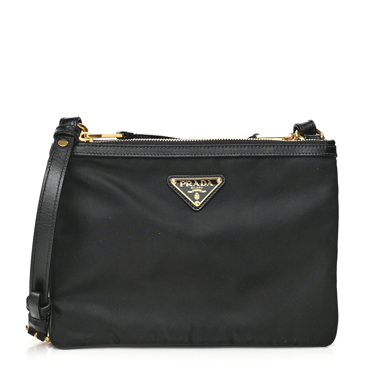 Tessuto Nylon Soft Calf Double Zip Crossbody Bag Black
