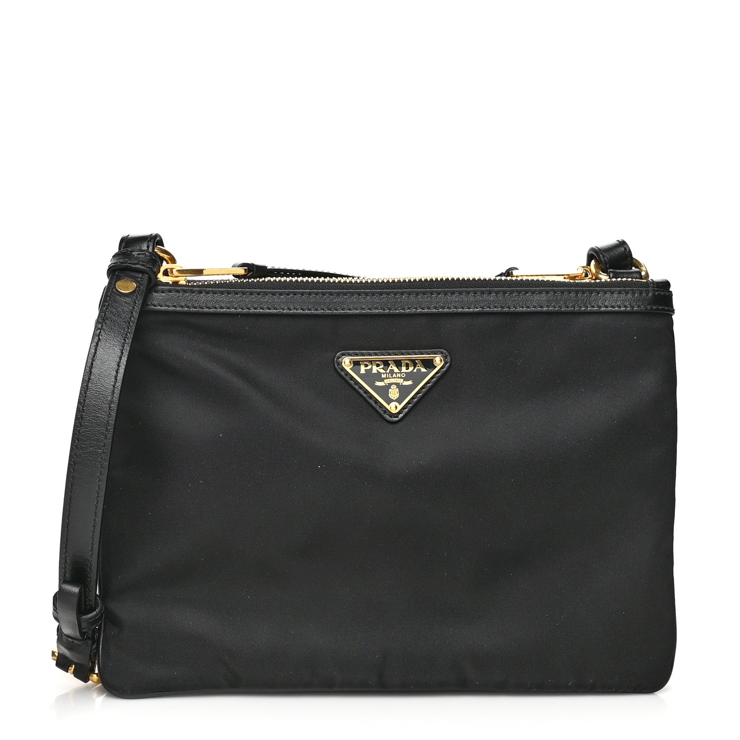 Prada Tessuto Nylon Soft Calf Double Zip Crossbody Bag Black 1 of 7