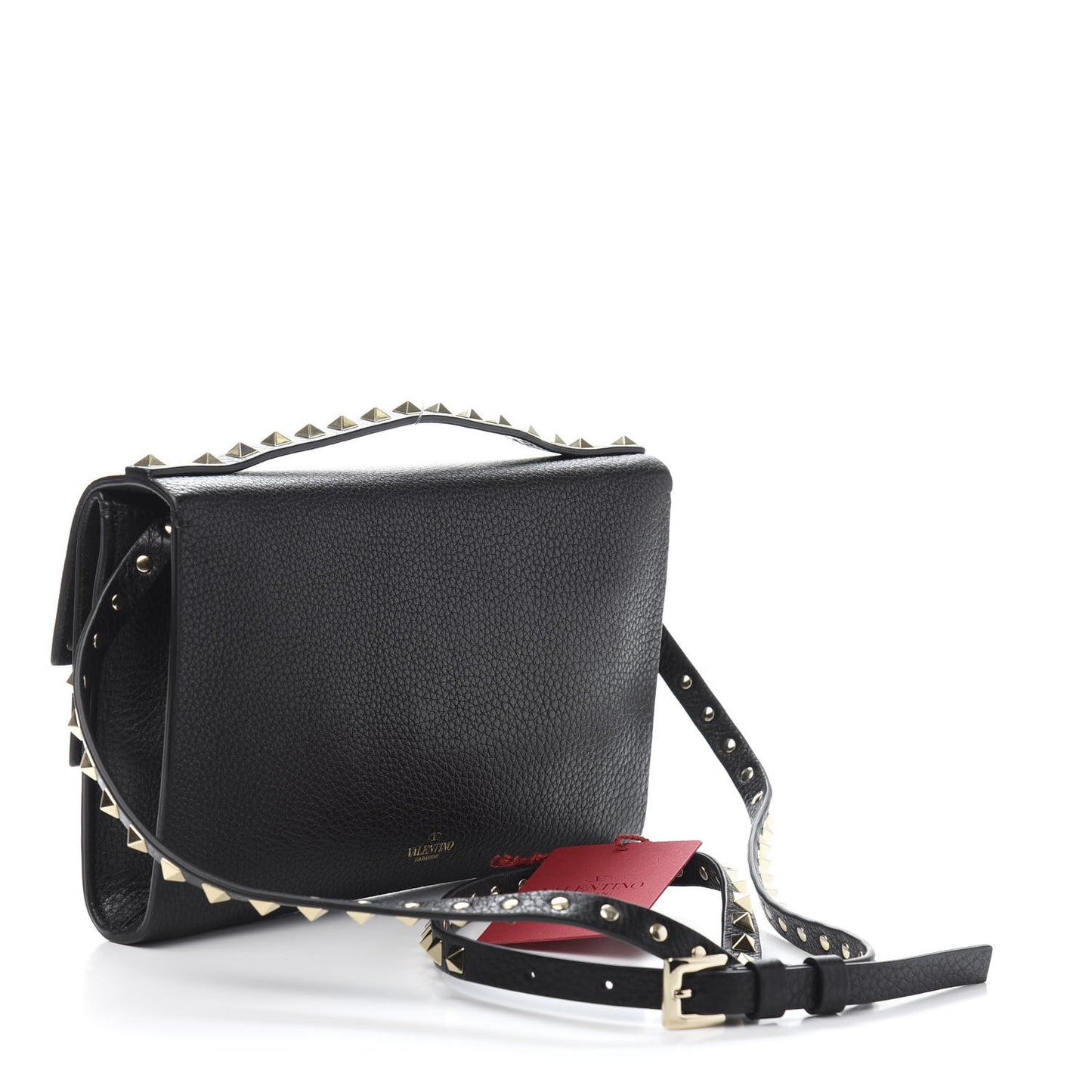 Grainy Calfskin Rockstud Double Flap Crossbody Bag Black