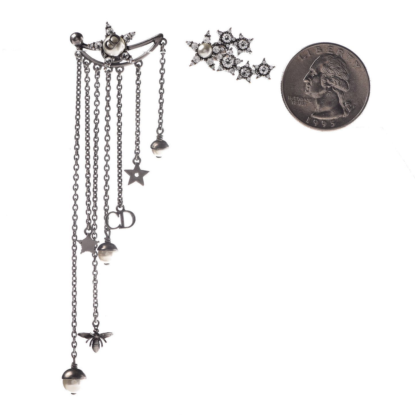 Crystal Pearl Dangle Chain Earrings Silver