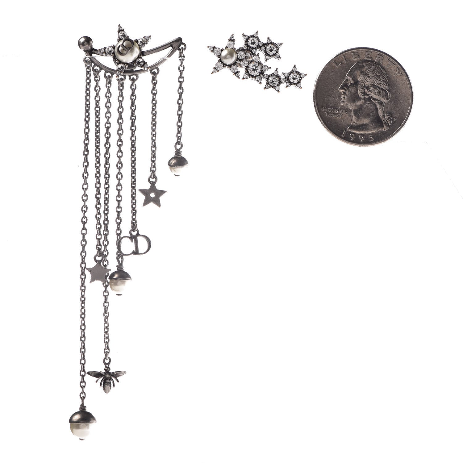Christian Dior Crystal Pearl Dangle Chain Earrings Silver 2 of 3