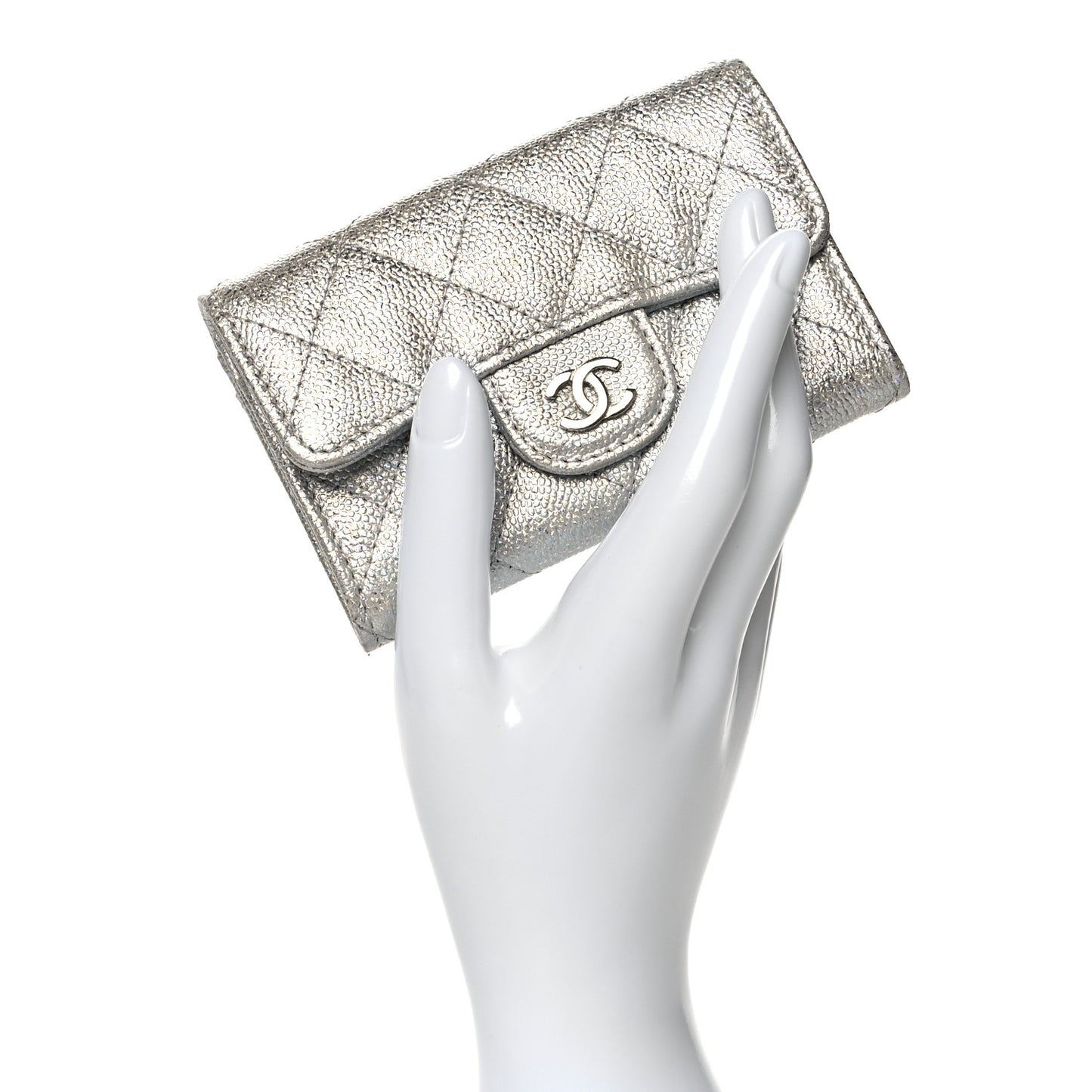 Glittered Metallic Caviar Quilted Flap Card Holder Wallet Silver