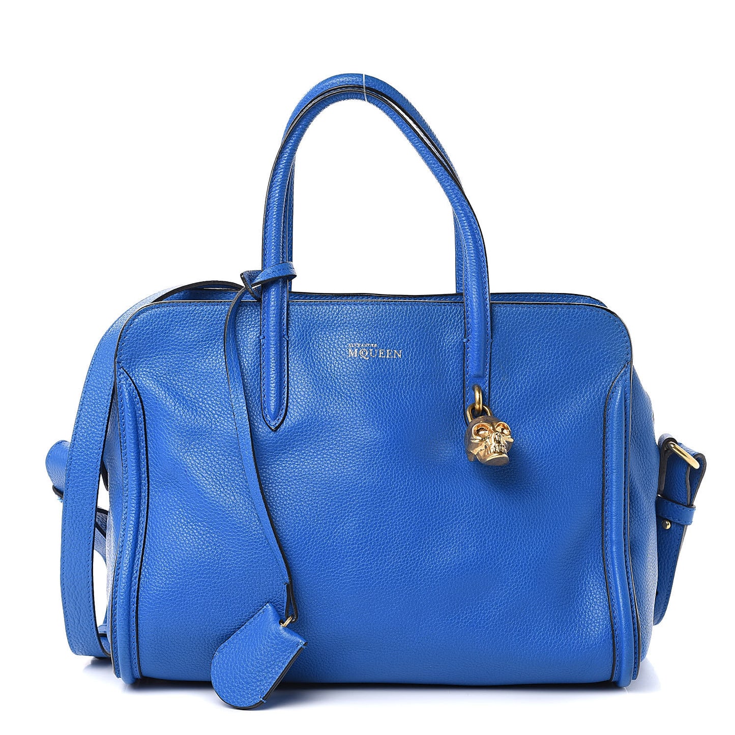 Pebbled Calfskin Small Skull Padlock Zip Around Tote Blue