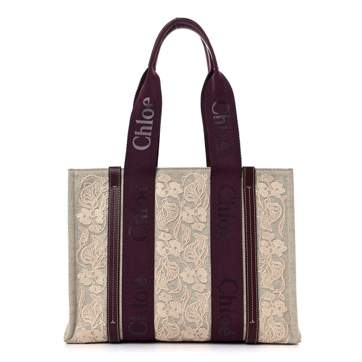Cotton Calfskin Embroidered Medium Woody Ribbon Tote Burgundy