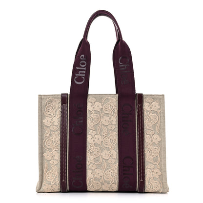 Chloe Cotton Calfskin Embroidered Medium Woody Ribbon Tote Burgundy 1 of 13