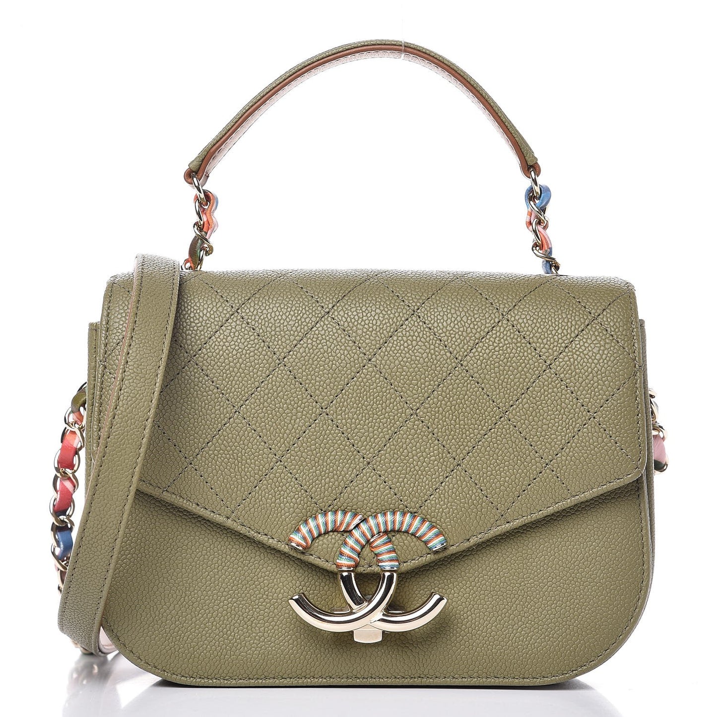 Grained Calfskin Quilted Small Cuba Top Handle Flap Khaki