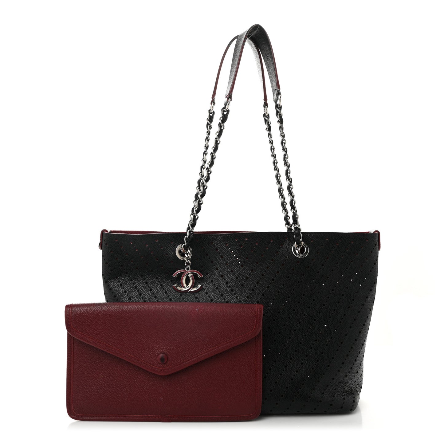Perforated Grained Calfskin Large Shopping Tote Black