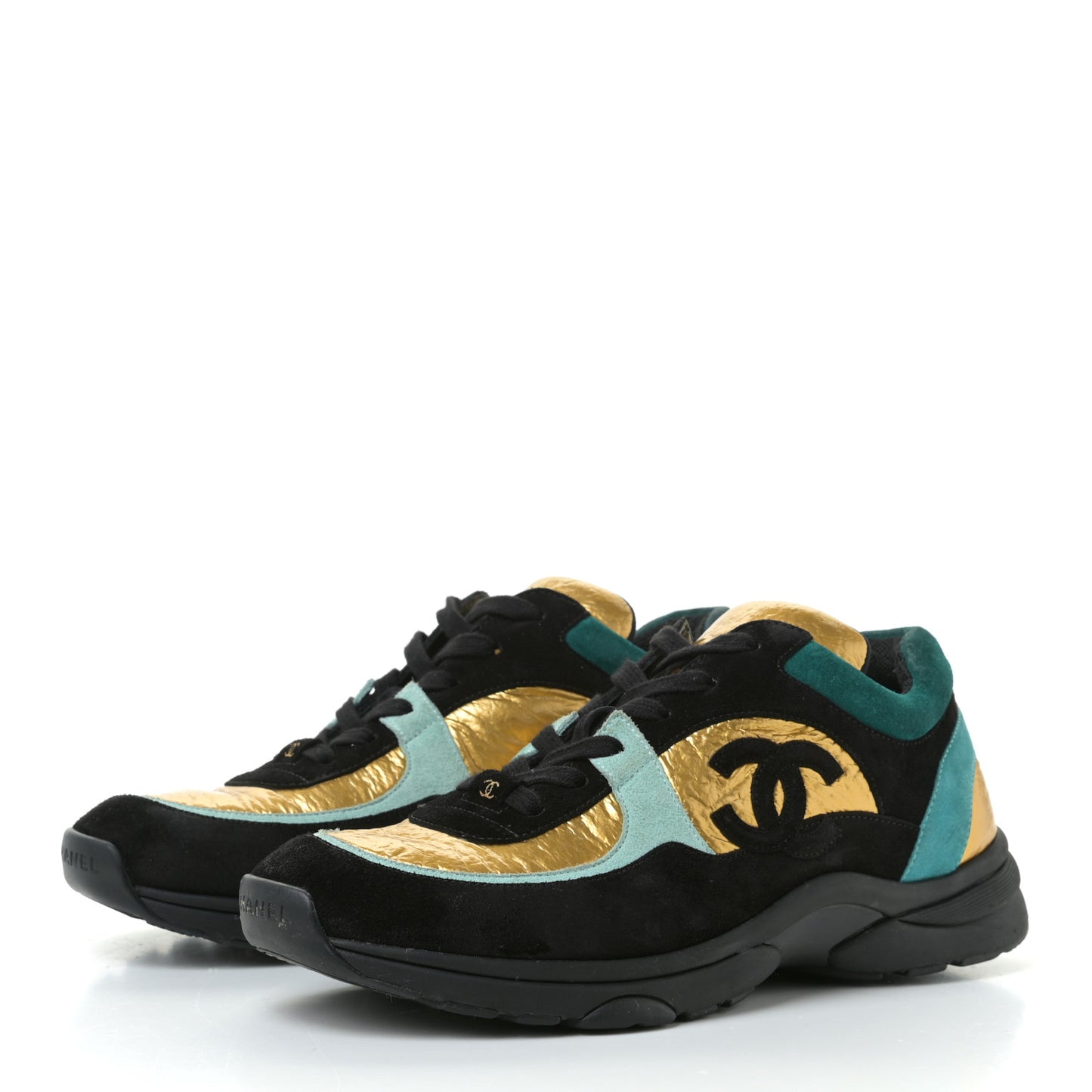 Fabric Calfskin Suede CC Womens Sneakers 41 Black Turquoise Gold