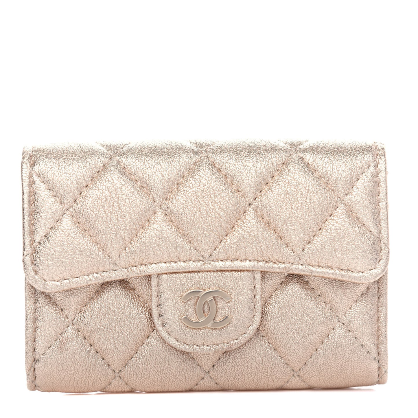 Metallic Lambskin Quilted Flap Card Holder Wallet Gold