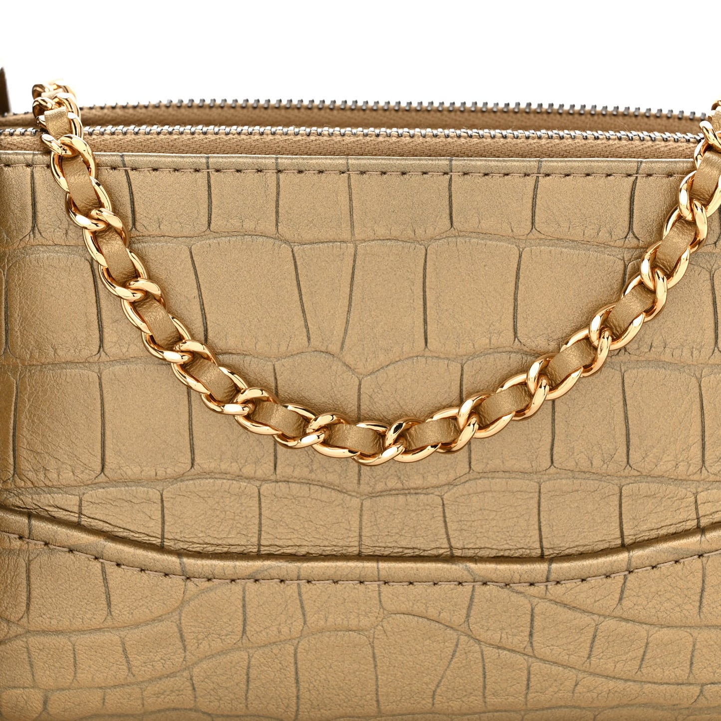 Metallic Calfskin Crocodile Embossed Small Gabrielle Clutch With Chain Gold