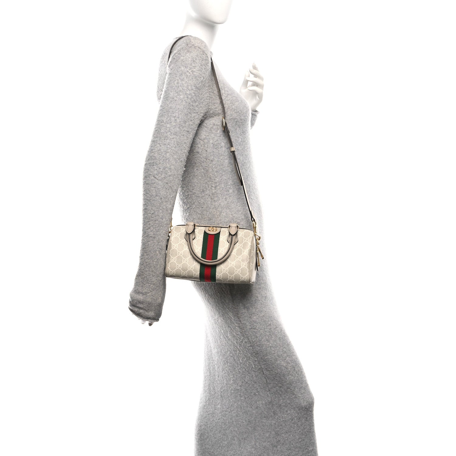 Gucci GG Supreme Monogram Textured Dollar Calfskin Web Ophidia Mini Top Handle Bag Beige Mystic White Oatmeal 3 of 11