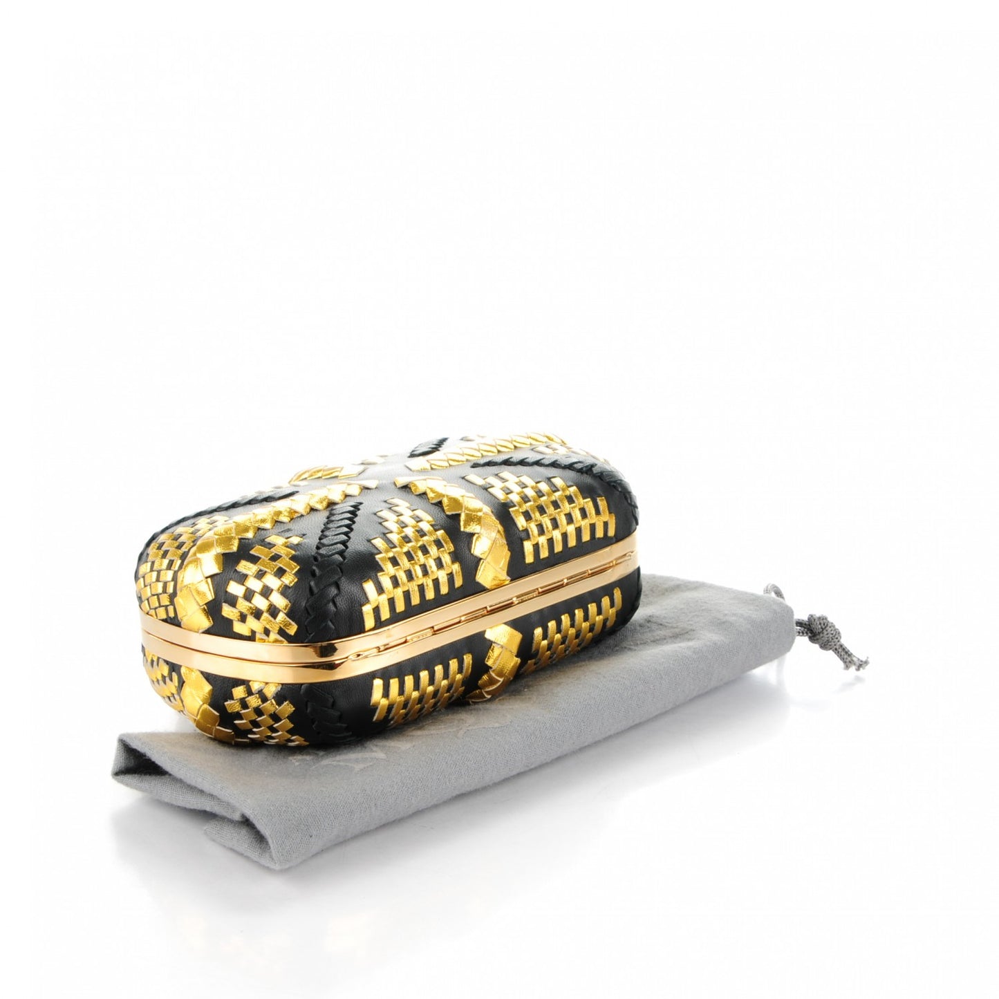 Calfskin Woven Pearl Crystal Skull Box Clutch Black Gold