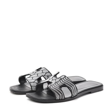 Hermes Calfskin Embroidered Oran Sandals 38 Black Gris Argente 3 of 7