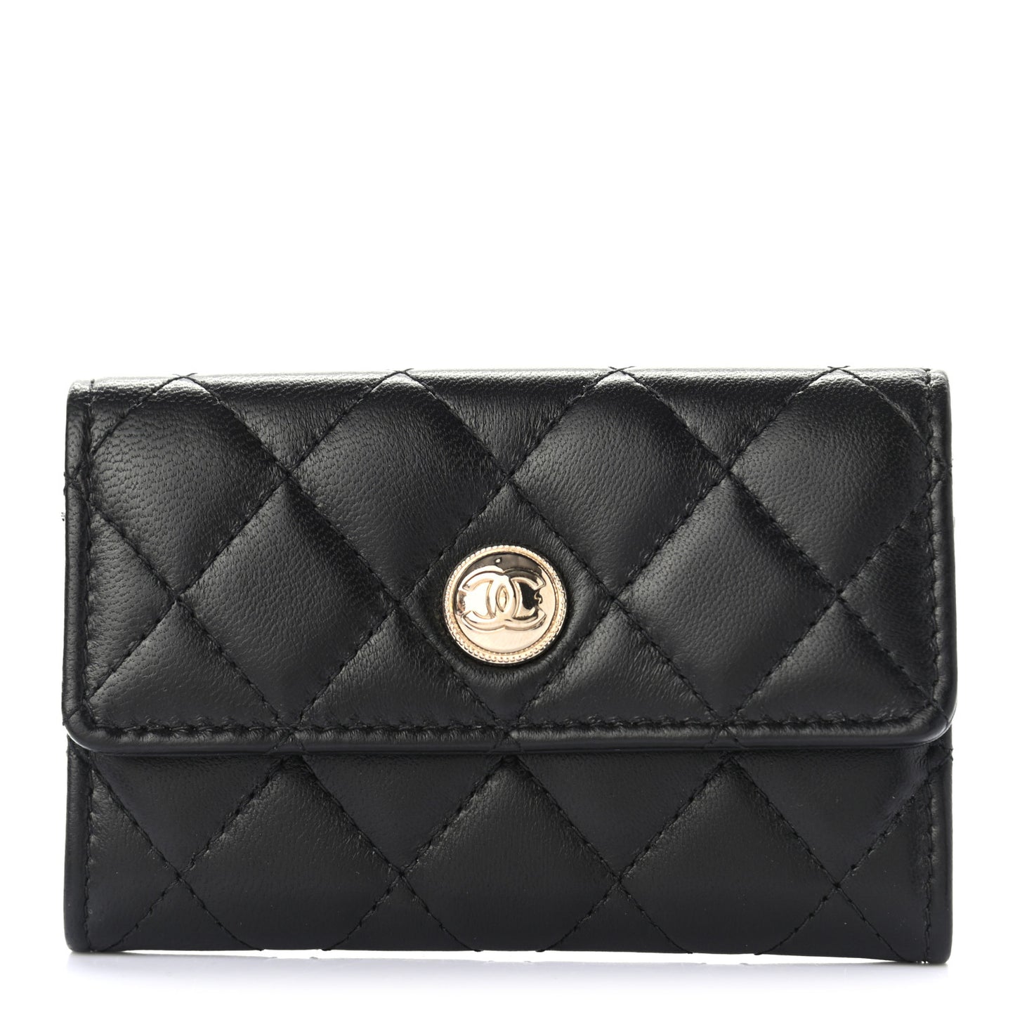 Lambskin Quilted CC Button Flap Card Holder Black