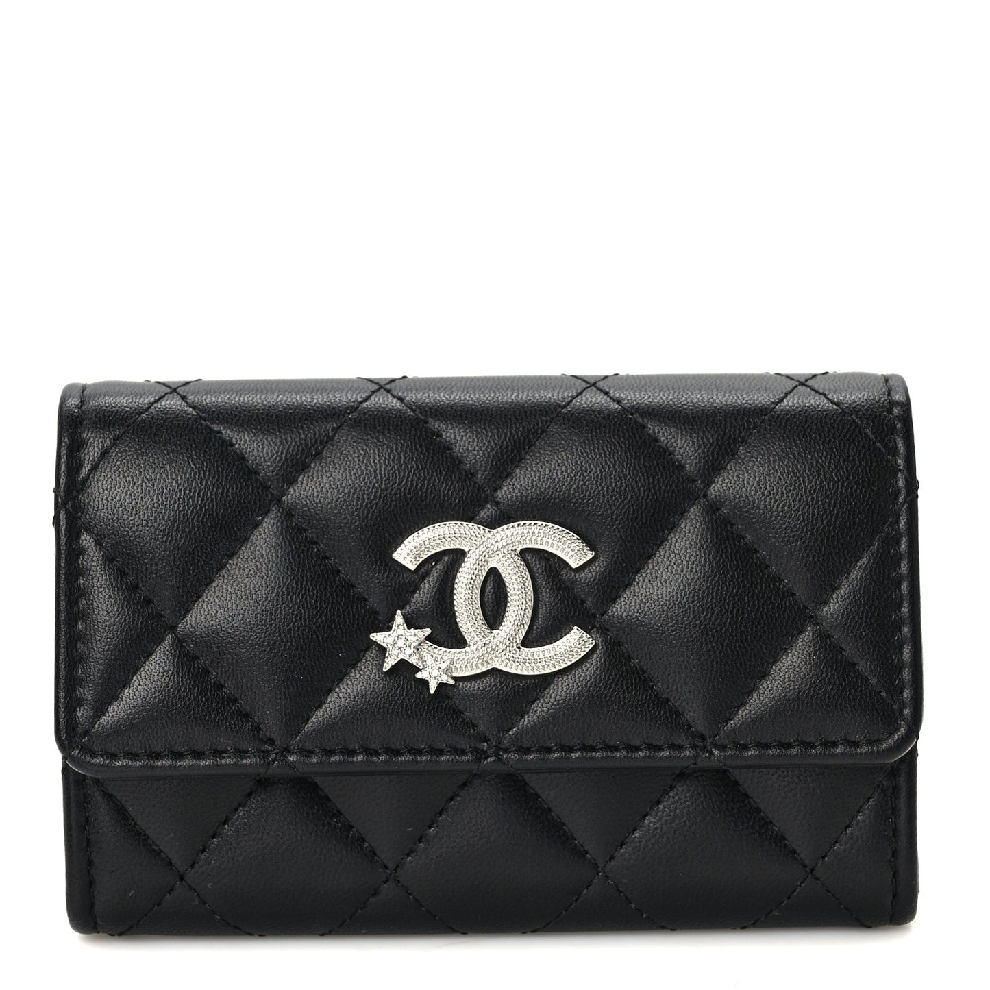 Lambskin Quilted Flap Crystal Star Card Holder Wallet Black