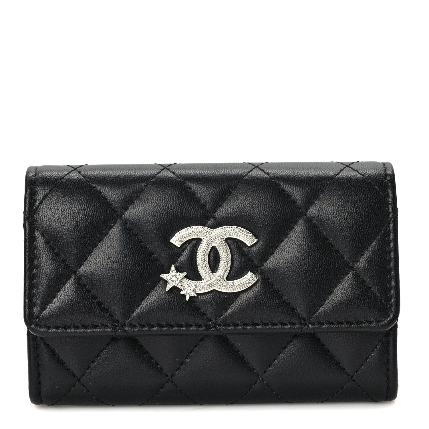 Chanel Lambskin Quilted Flap Crystal Star Card Holder Wallet Black 1 of 7