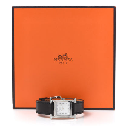Hermes Stainless Steel Barenia Diamond Bezel Mother of Pearl 21mm Heure H Hour Quartz Watch Noir 6 of 6