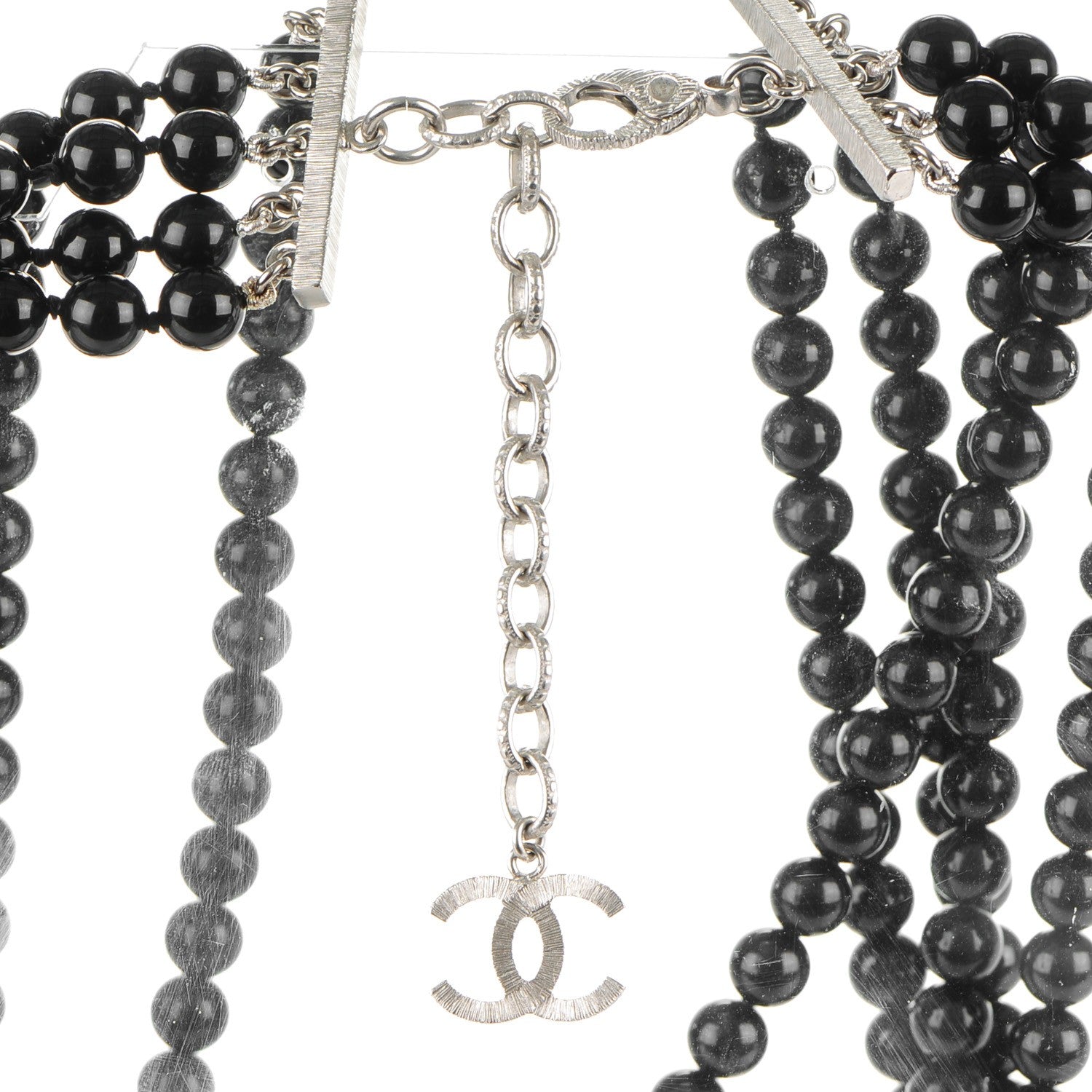 Chanel Bead Crystal Multi Strand CC Medallion Necklace Black Silver 4 of 5